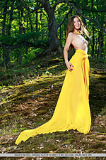 Vivian vivian strips her long, yellow dress baring her tight body and smooth pussy in the forest.