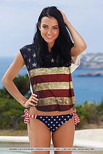 A gorgeous sapphira a wearing an american flag shirt with matching printed panty, posing by the pool and showing off her gorgeous bod.